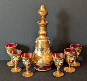 ULL - Vintage Bohemian Hand-Painted Glass Decanter & 6 Glasses 7-piece Set