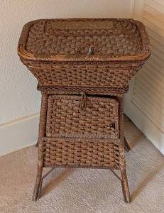 ULL - Antique Woven Sewing Basket With Stand