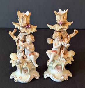 ULL - Vintage Arnart Cherub Porcelain Candlestick Holders 6341 Pair