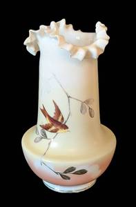 ULL - Victorian Ruffled Edge Glass Vase With Hand-Painted Bird Motif 10 H