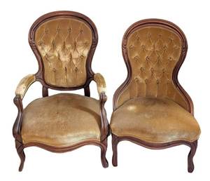 ULL - Pair of Antique Victorian Style Carved Wood Balloon-Back Chairs With Tufted Upholstery