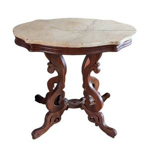 ULL - Late 19th-Century Victorian Parlor Table With Carved Walnut Base & Marble Top