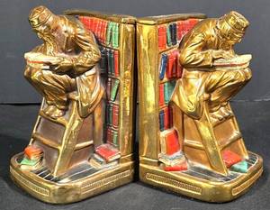 LL-L - Antique Marion Bronze-Clad Scholar  or Bookworm Bookends  Antique Rare Hand Painted Armor Bronze The Bookworm Polychrome Scholar on Library Ladder Bookends
