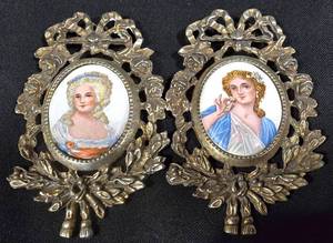 LL-L - Vintage Porcelain Portrait Prints in Brass Frames (Pair)