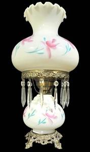 LL-FR - Vintage Hand-Painted Pink Floral Milk Glass Hurricane Lamp With Crystals