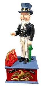 LL-L - Vintage Uncle Sam Cast Iron Bank With Coin Lever