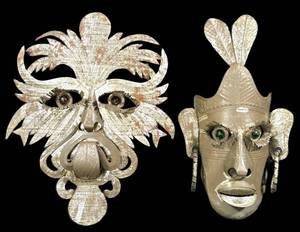 LL-L - Pair of Vintage Mexican Tin Metal Decorative Wall Masks