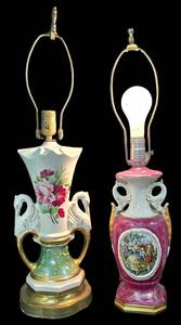 LL-FR - Vintage Duro Table Lamps Swan & Victorian Scene Pair