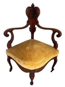 ULR - Victorian Walnut Corner Armchair With Gold Upholstery