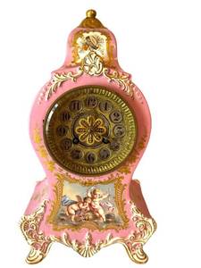 DR - Antique Hand Painted Longwy French Pink Pompadeur Mantel Clock With Gilt Bronze Mounts