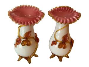 Pair of Antique Victorian Glass Vases With Applied Rigaree