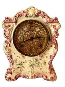 DR - Antique Ansonia Chemung Hand Painted Porcelain Mantel Clock