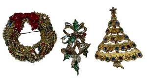 Vintage Christmas Brooches including a Vintage Gerrys Wreath Tree Bow (Lot of 3)