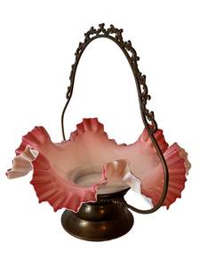 DR - Antique Victorian Brides Basket Pink Cased Art Glass in Metal Stand