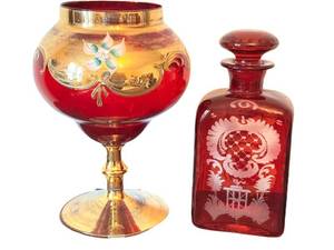 ULK - Vintage Ruby Cut to Clear Glass Decanter & Vase Set of 2