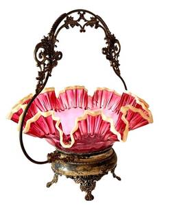 Antique Victorian Cranberry Glass Bride's Basket in Silver-Plated Stand