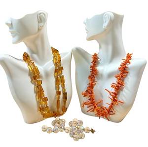 Vintage Demario Coral, Amber Beaded & Faceted Bead Necklace Mixed Lot