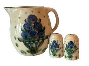 K - M.A. Hadley Pottery Pitcher & Salt and Pepper Shakers (Lot of 3)