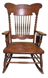 LL-ST1 - Vintage Wood Rocking Chair With Carved Crest and Spindle Back