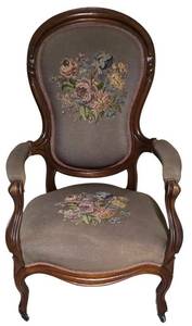LL-ST1 - Vintage Victorian-Style Needlepoint Armchair Walnut Floral Tapestry