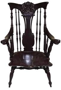 LL-ST1 - Vintage Brown Painted Wooden Armchair With Carved Splat & Comb Back