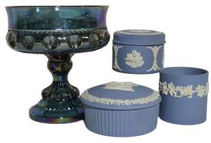 LL-ST1 - Wedgwood Blue Jasperware Covered Dishes, Cup & Carnival Glass Compote Mixed Lot