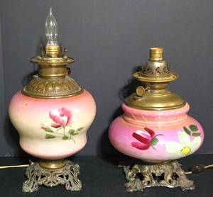 LL-L - Vintage Pink Floral Lamps With Brass Bases Pair