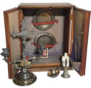 LL-L - Antique Catholic Sick Call Cabinet With Crucifix, Plates, Bell & Cup