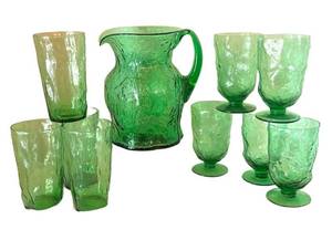DR - Vintage Mid Century Morgantown Crinkle Glass Pitcher with Tumblers & Stemware