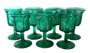 BR1 - Vintage L.G. Wright Paneled Thistle Stemware - 7-Piece Emerald Green Glass Set