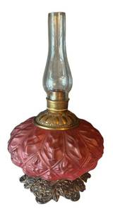 BR1 - Antique Ruby Red Satin Glass Gone With the Wind Parlor Oil Lamp