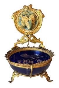 BR1 - French Antique Ormolu Jewelry Bowl With Cobalt Blue Glass Dish