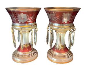 BR1 - Two Vintage Bohemian Mantel Lusters with Etched Floral Motifs and Crystal Drops