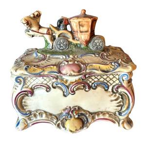 BR1 - Antique Dresden Porcelain Trinket Box Horse Carriage