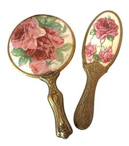 BR1 - Vintage Rose Porcelain Inlay Vanity Mirror & Hair Brush Set