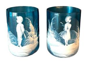 BR1 - Two Vintage Mary Gregory Cameo Glass Mugs Teal Blue With White Cameo Relief