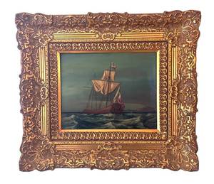 E - Wallner Friedrich Original Oil On Panel Painting - Maritime Ship Scene