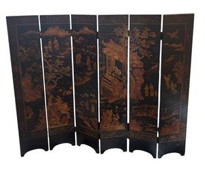 E - Vintage Six-Panel Lacquer Screen with Asian Landscape Panels