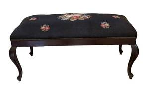 E - Vintage Floral Needlepoint Upholstered Bench