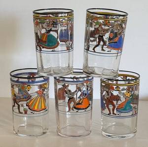 K - Set of Five Vintage Portuguese Folk Dance Glasses