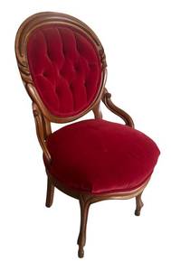 LR - Vintage Victorian Balloon Parlor Chair Red Velvet Carved Wood