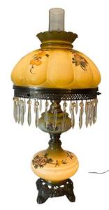 D - Vintage Parlor Lamp with Hand-Painted Floral Glass Shade & Crystal Fringe