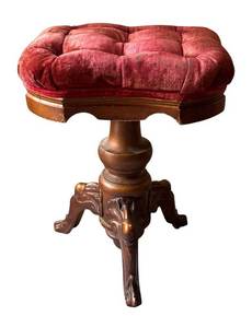 D - Antique Piano Stool with Tufted Velvet Seat