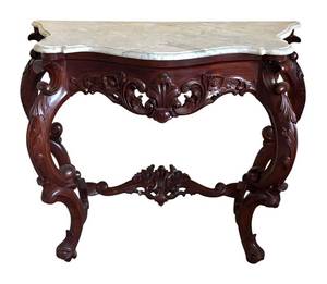LR - French Regency Carved Walnut Console Table White Marble Top