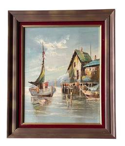 D - Original SailboatHarbor Scene Painting Framed