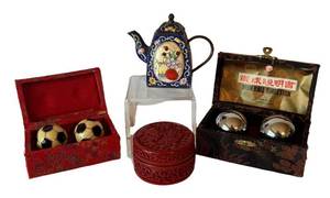 DR - Decorative Teapot, Vintage Baoding Balls, Figurine & Trinket Box Mixed Lot