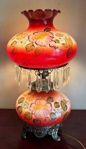 LR - Vintage Gone With the Wind Hand Painted Parlor Lamp Floral Glass