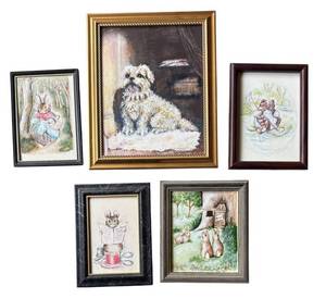 DR - 5-Piece Mixed Lot Dog, Frog & Bunny Paintings & Prints