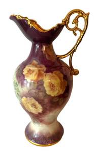 K - Antique Hand Painted Porcelain Pitcher Floral Gilt Handle