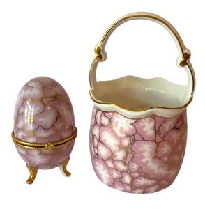 DR - Vintage Inarco Cracked Egg Vase & Hinged Trinket Box Pink Crackle Glaze